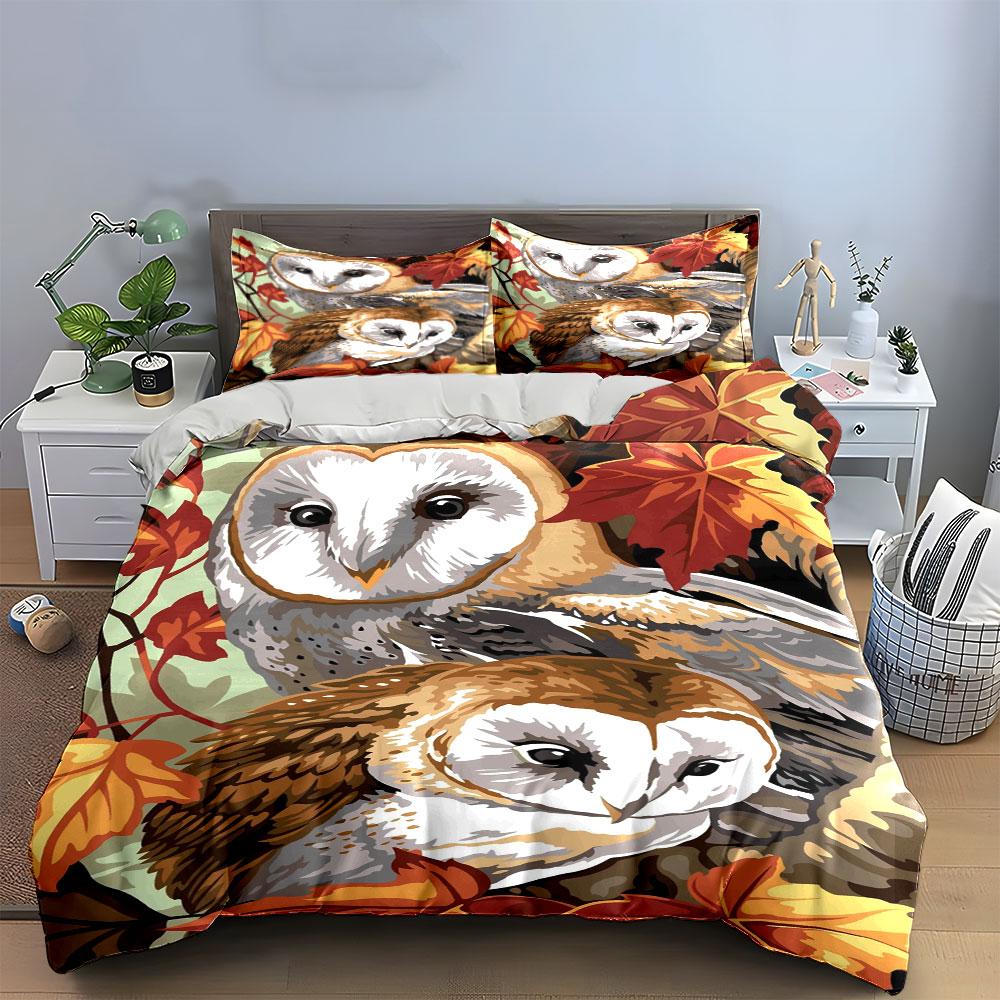 Owls with autumn leaves. Bedding sets Duvet cover sets Duvet covers Pillowcases(1*Duvet Cover 2*Pillowcases without duvet insert)