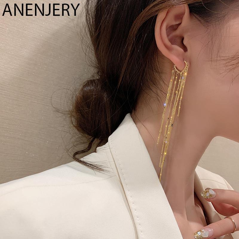 ANENJERY Love Heart Tassel Earrings for Women Long Chain Shiny Hoop Earrings Party Jewelry Wholesale