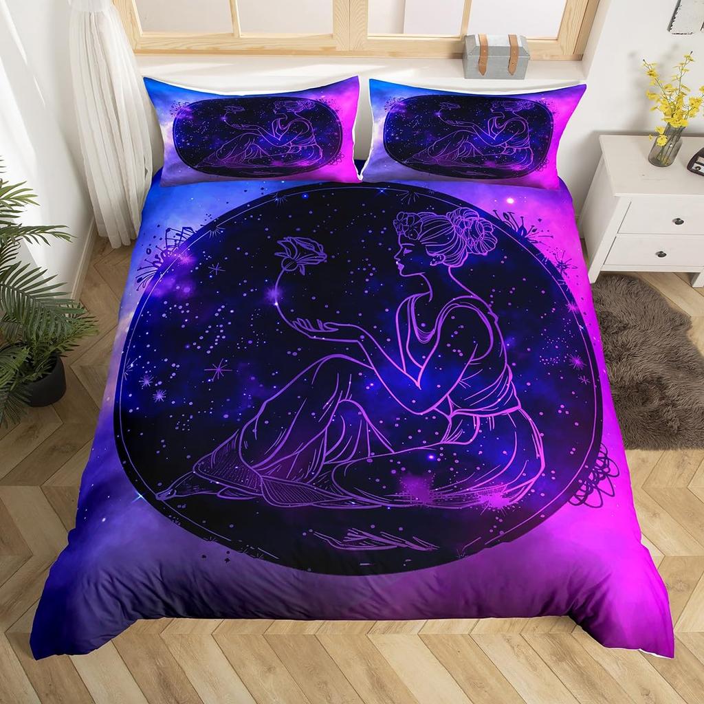 Пододеяльник Gemini Soft King, Бохо Старые Созвездия Астрология Зодиак Теплое Покрывало Mplusala Цветок Неоновый Синий Блестящий Комплект Постельного Белья