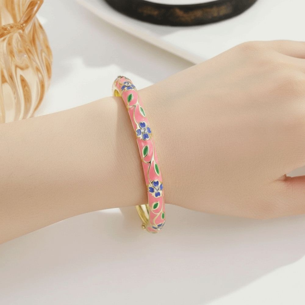 Metal Cloisonne Bracelet Retro Enamel Flower Bangle Closed End Enamel Bracelet Ethnic Style