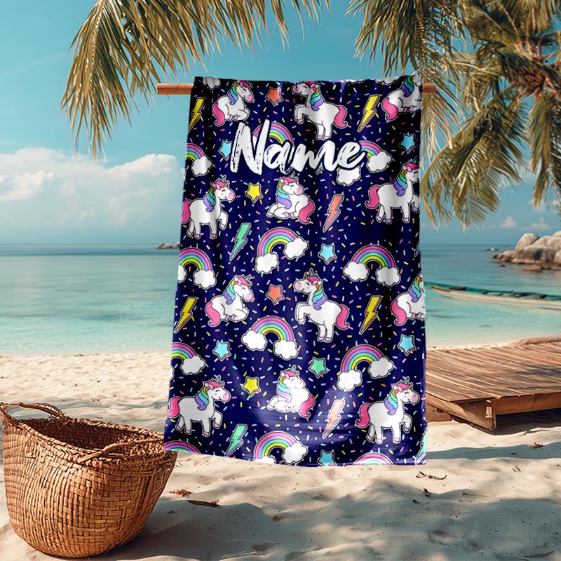 Custom Name Ultra-Soft Beach Towel with Unicorn Theme,Ideal for Pool - Camping, Diving - Perfect Travel Essential, Vibrant Beach Towel.