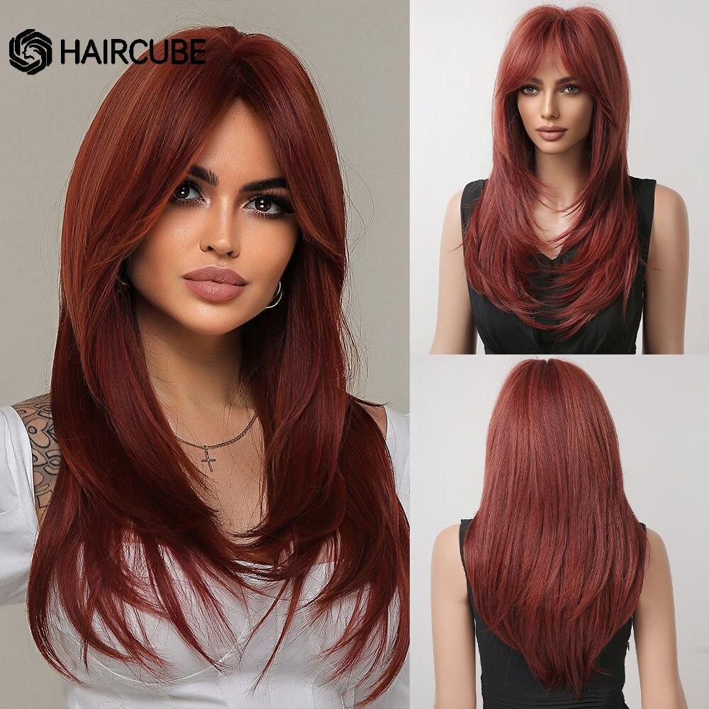 Длинные прямые синтетические парики Haircube, многослойные блондинки с омбре, темный корень с челкой для женщин, повседневная мода для вечеринок
