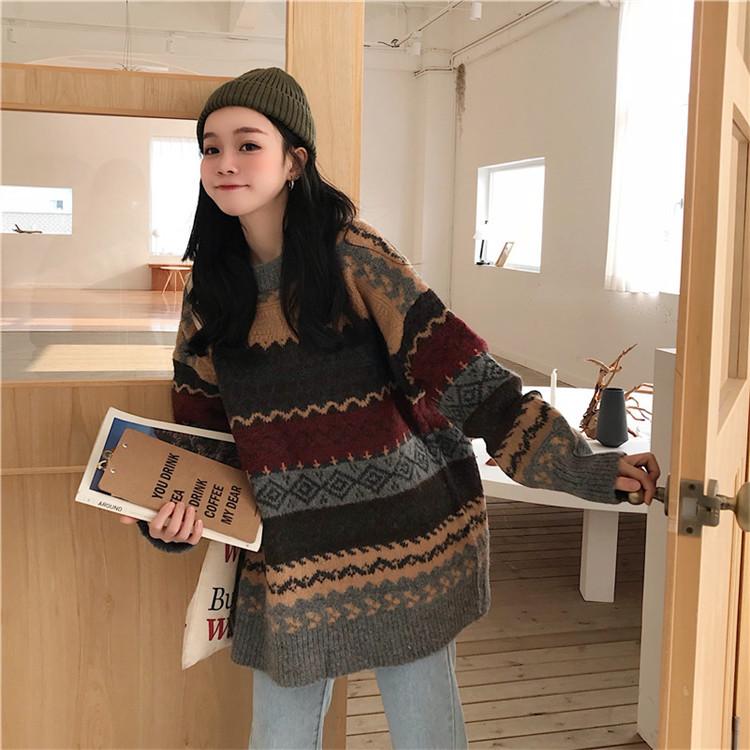 Vintage Sweaters Women Pullover Winter Striped Jumpers Loose Pullover Knitwear Casual Loose Sweater Pull Femme