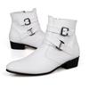White Chelsea Boots Men British Style High-heel Men's Ankle Boots Pointed Toe Buckle Strap Motorcycle Boots Man Large Size 39-47
