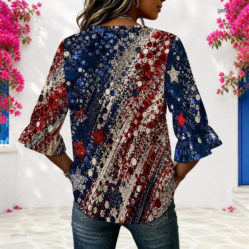 Womens Plus Size V Round Neck Mid Sleeve Front Button Blouse Casual Loose Daily Wear Top