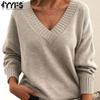 Women's Fashion Casual Solid Color Print Autumn Winter Long Sleeve V-Neck Loose Sweaters