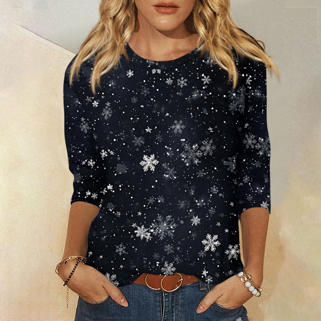 Women's Fashion Casual Round Neck 3/4 Sleeve Loose Christmas Printed T-Shirt Ladies Top
