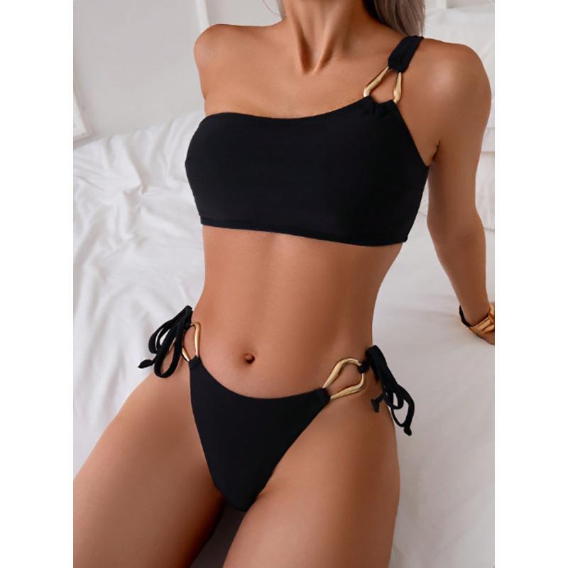 One Shoulder Slim Fit Two Piece Swimsuit For Swimming, Solid Color Summer Beach Swimwear Bathing Suit For Women