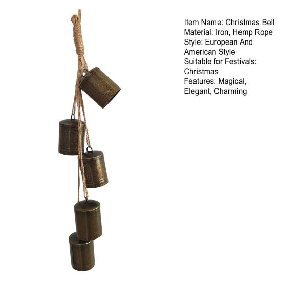 Rustic Christmas Bells Ornament Hanging Rope 5 Bells Christmas Tree Ornaments Handmade Vintage Cow Bells Wind Chime Decoration