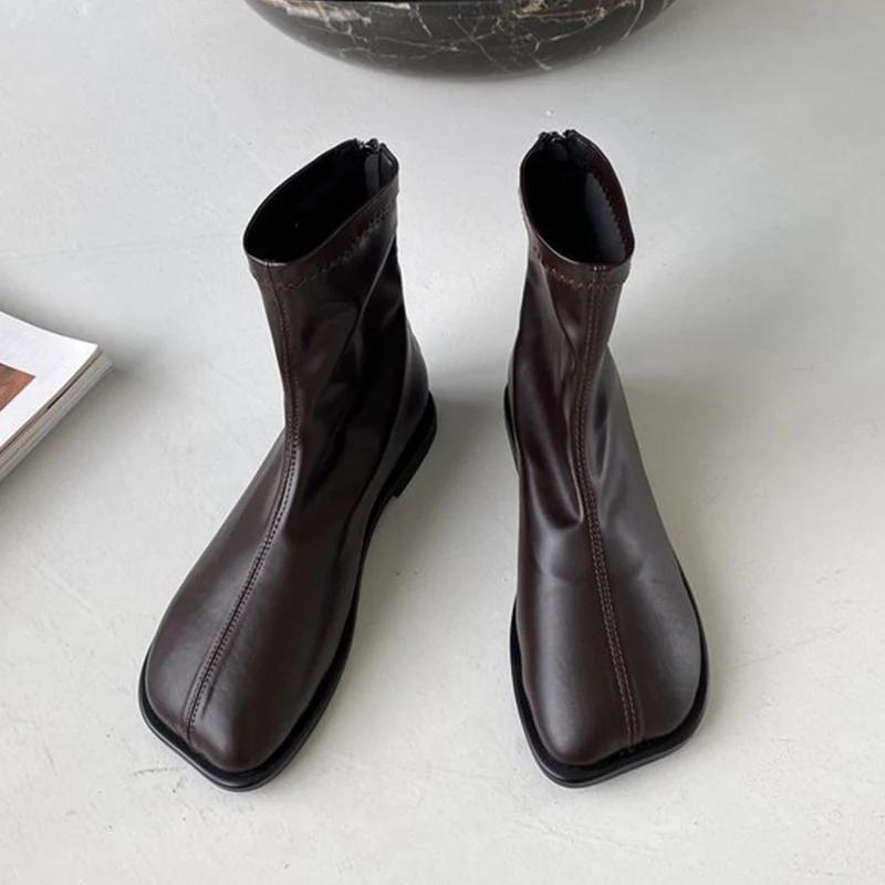 Модная женская кожаная обувь до щиколотки, балетки с квадратным носком, дизайнерская обувь, тренд, новые зимние ботинки, для ходьбы, готические ботинки челси, на молнии, женские, zapatos