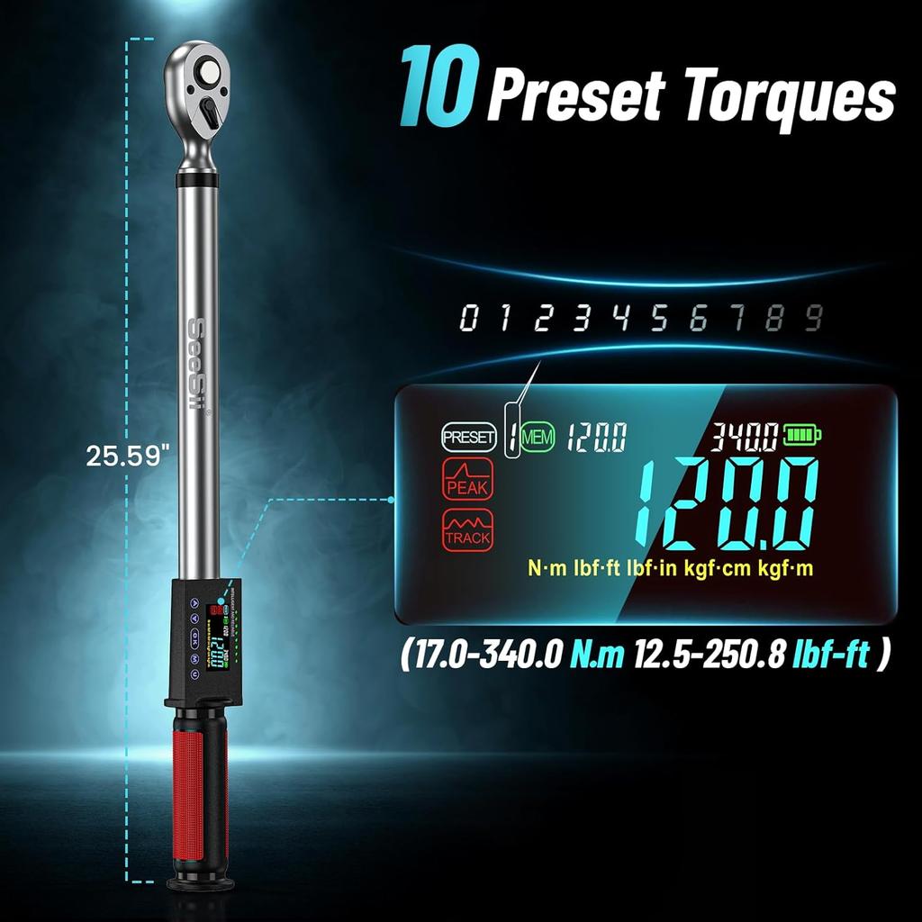 Цифровой динамометрический ключ Seesii 1/2" привод 340 Н·м 2% точность крутящего момента Электрический динамометрический ключ с 3 регулируемыми режимами для ухода за автомобилем