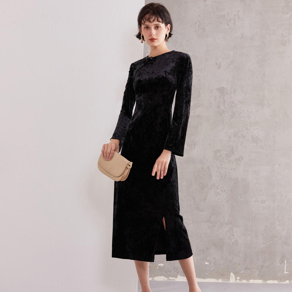Elegant and fashionable slit design, new Chinese velvet red dress, women's spring and autumn retro buckle, slim fit and slimming effect