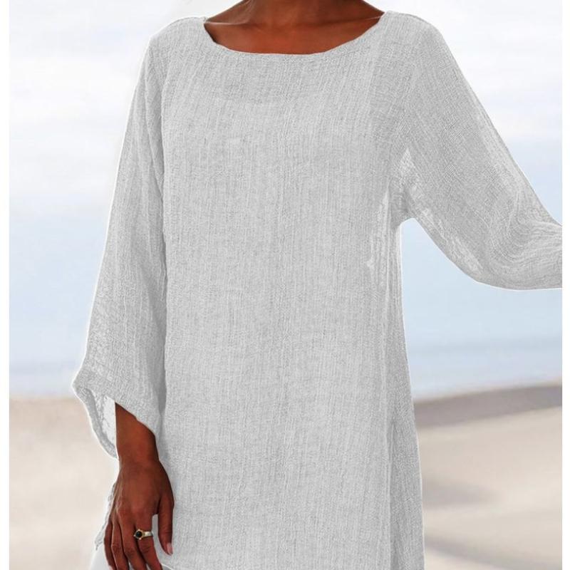 Льняная туника больших размеров с неровным подолом и О-образным вырезом