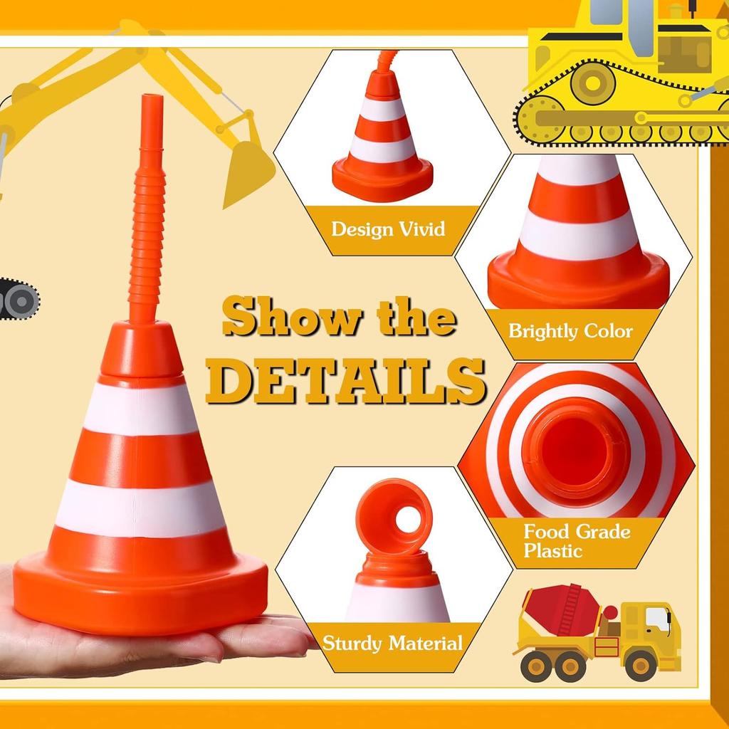 Sawysine 8 Pack Construction Cone Cups with Straws Bulk, Traffic Cones Party Favor 10 oz Plastic Reusable Kids Race Cups Set for Construction Traffic