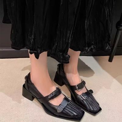 Модные туфли с квадратным носком, ретро-пряжкой, ретро из натуральной кожи, в британском стиле, на толстом каблуке, повседневные, черные женские туфли Мэри Джейн