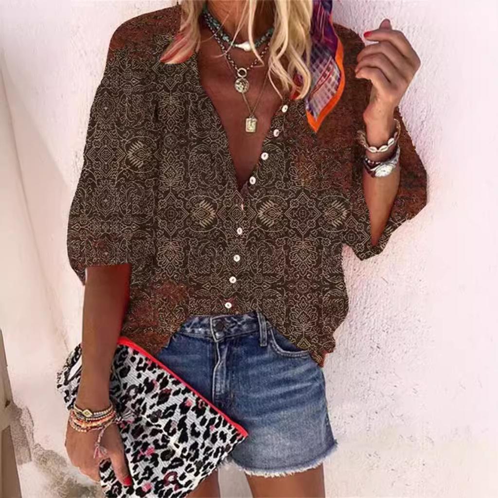 Летняя мода Стойка воротник Свободный крой На пуговицах Ретро принт Повседневные Рукава семь восьмых Женские блузки и рубашки