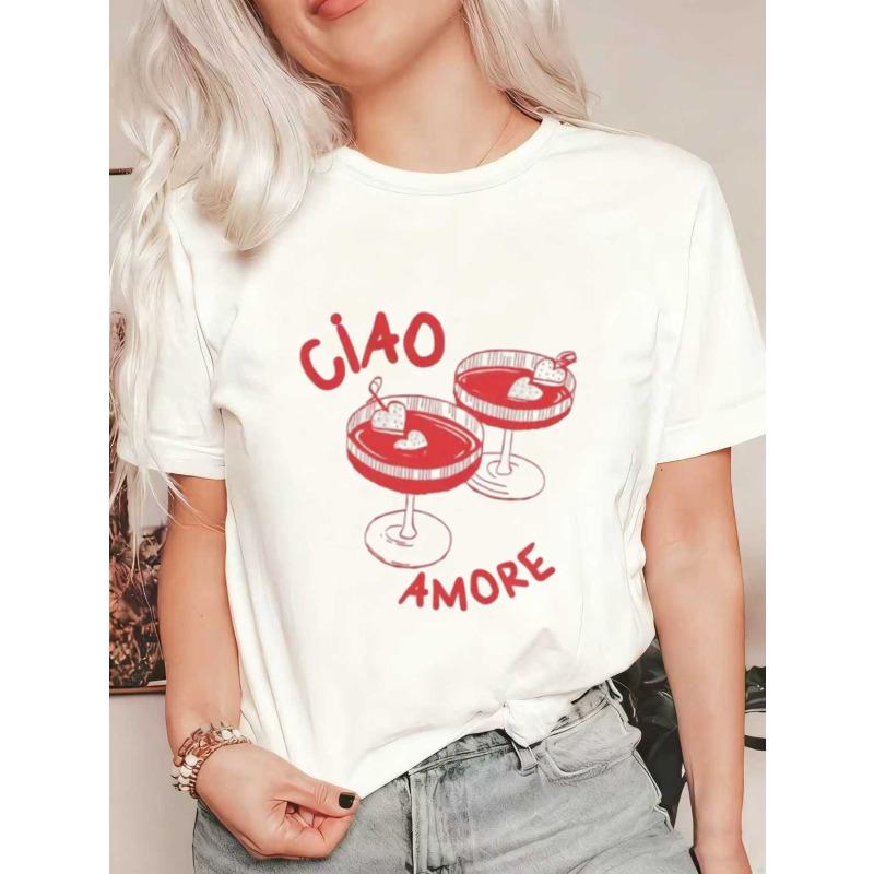 Женская футболка с коротким рукавом с ретро-принтом "CIAO AMORE" с коктейлем и сердцем