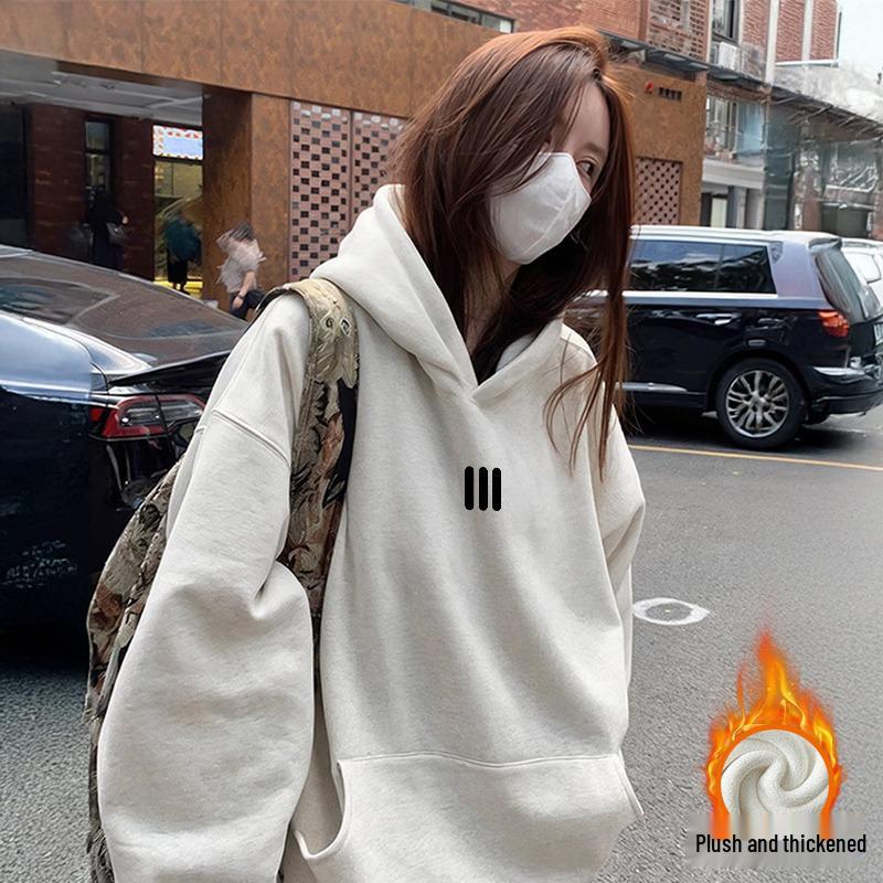 Women's Fleece-Lined Embroidered Hoodie, Thick Loose Fit, Long-Sleeve, White/Gray, New 2025 Style for Autumn/Winter.