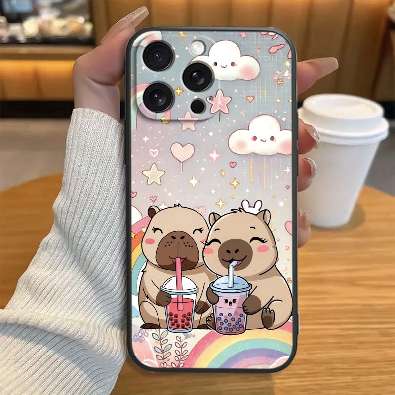 Мультяшная Аниме Капибара Арт Чехол для Телефона Для Apple iPhone 17 16 16E 15 14 13 12 11 Pro Max Plus Черный Мягкий Силикон