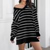 Женские осенне-зимние полосатые трикотажные платья-свитера с V-образным вырезом и длинными рукавами