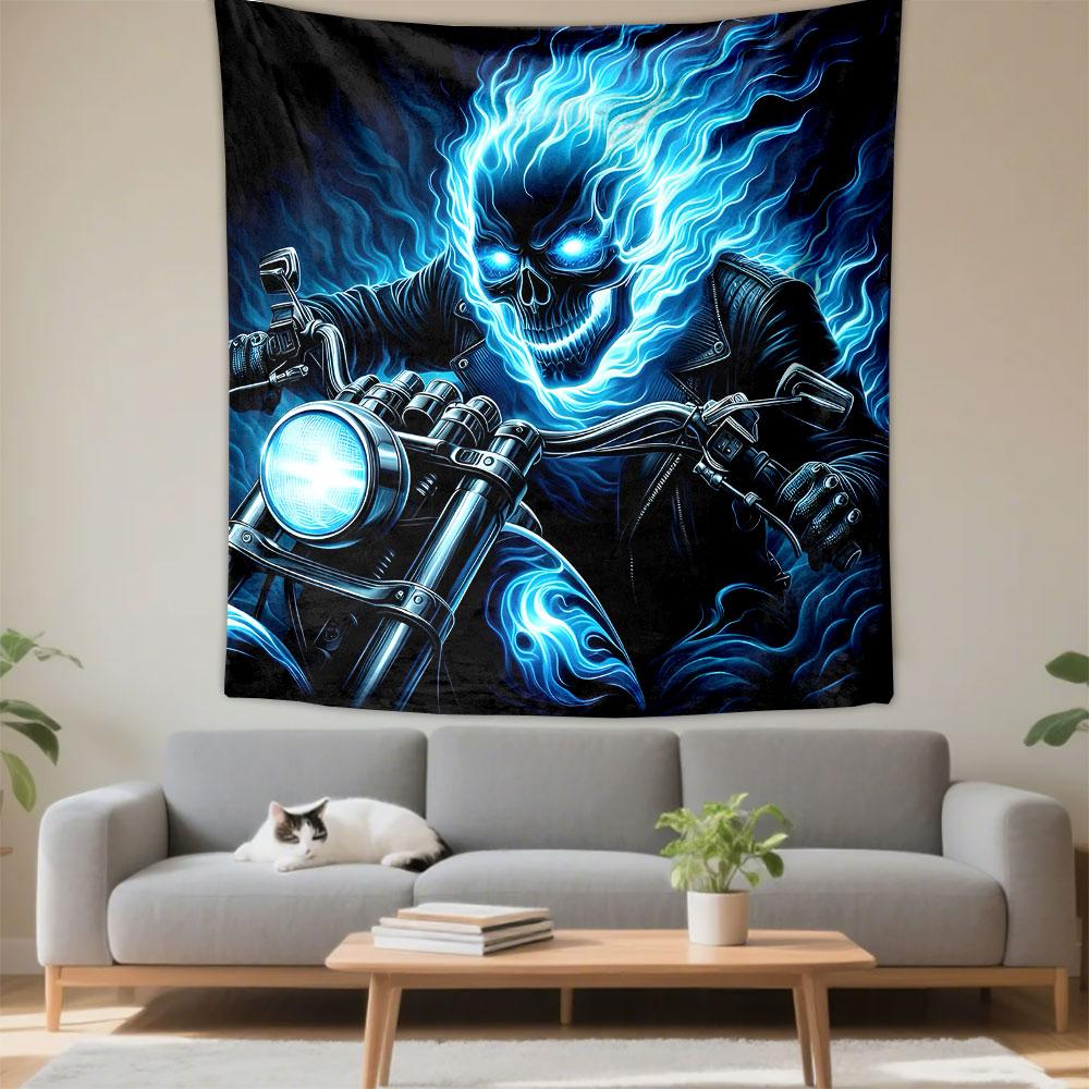 "Flaming Skull Rider on Motorcycle" Patterned Tapestry Decorative Wall Hanging, Home Bedroom Living Room Decor