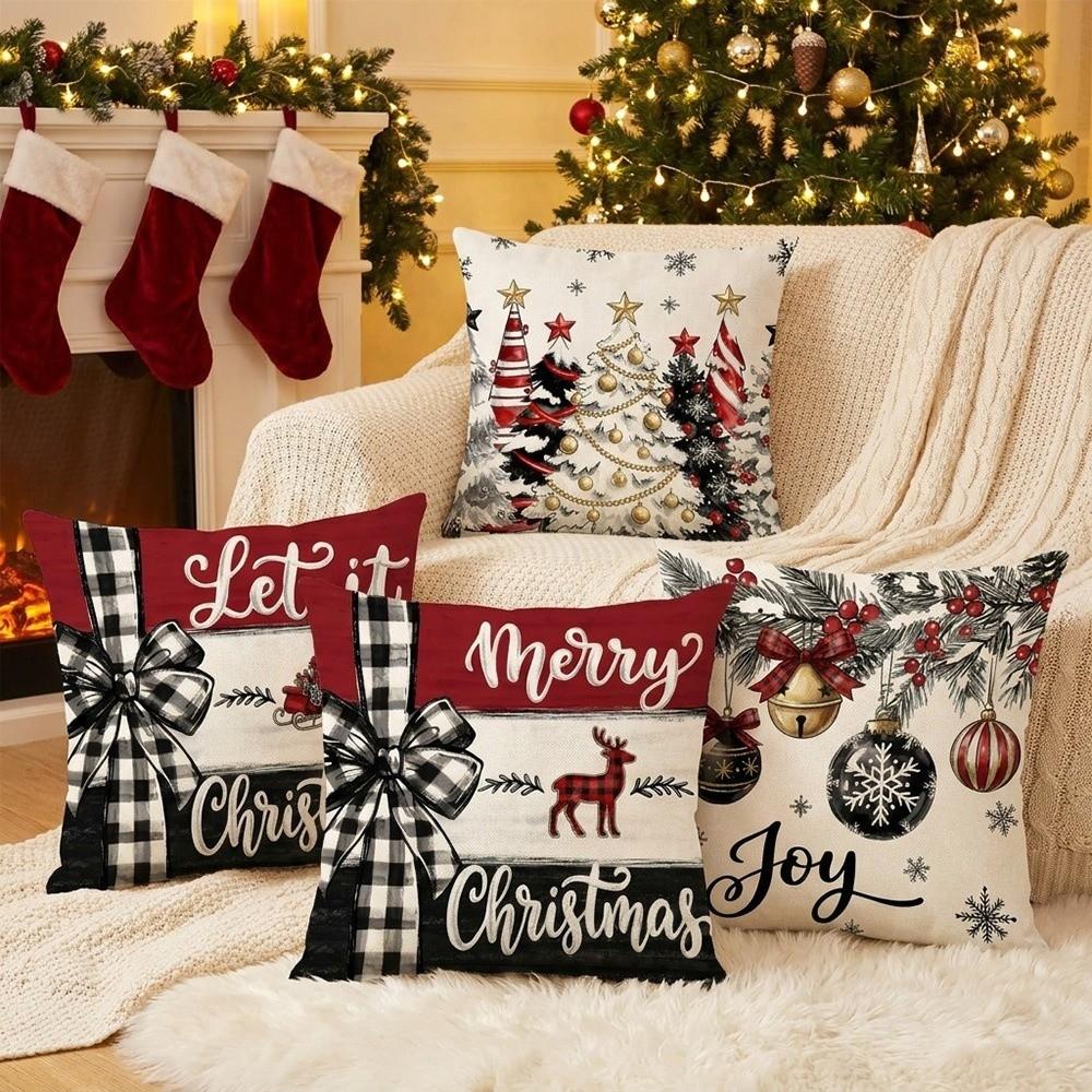 4Pcs Snowman Christmas Pillow Covers Xmas Tree Throw Cushion Case Holiday Cushion Cover Bedroom