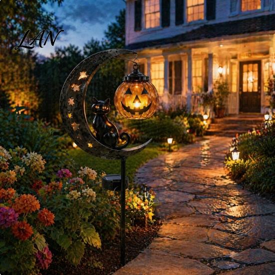 Retro Iron Crescent Moon Pumpkin Light Black Cat Halloween Stake Light, Solar Metal Lantern with Powered Outdoor Decor Warm Glow, Spooky Yard