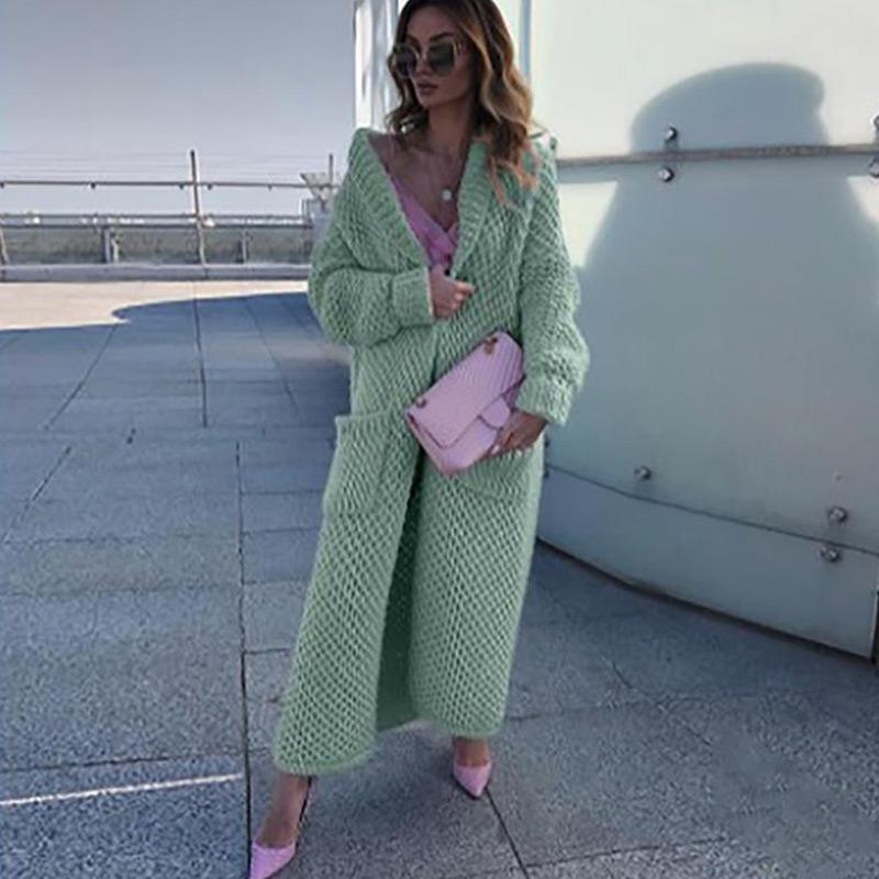 Зимний воротник вязаный кардиган коллаж однотонный длинный женский вязаный свитер большого размера