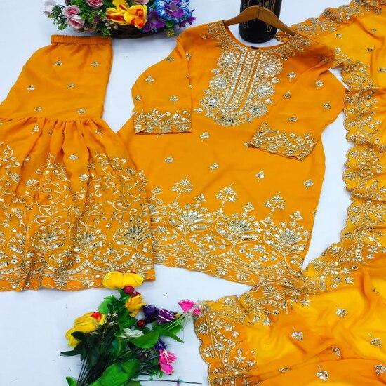 Vibrant Yellow Mirror Work Sharara Suit