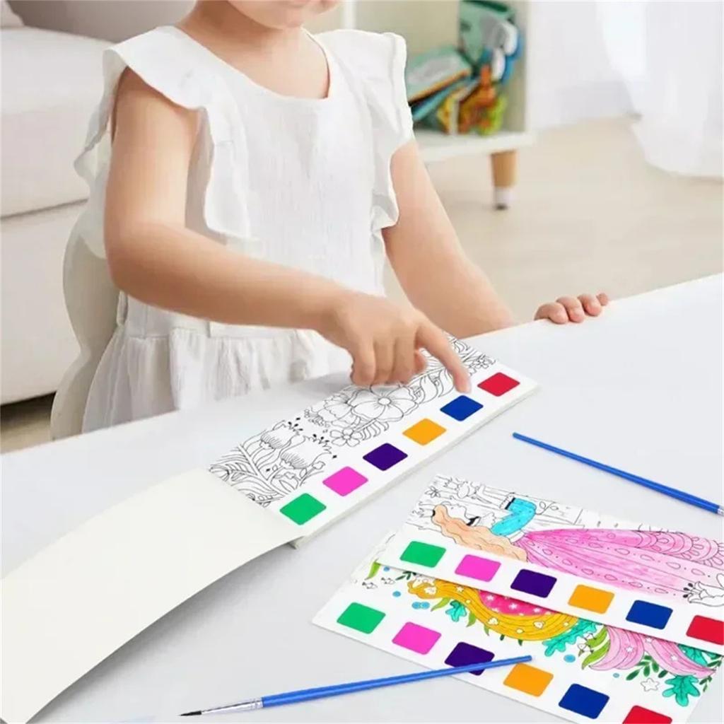 Kids Portable Watercolor Painting Book Paint With Water Brush Gouache Picture Coloring Drawing Toys Kindergarten Gifts