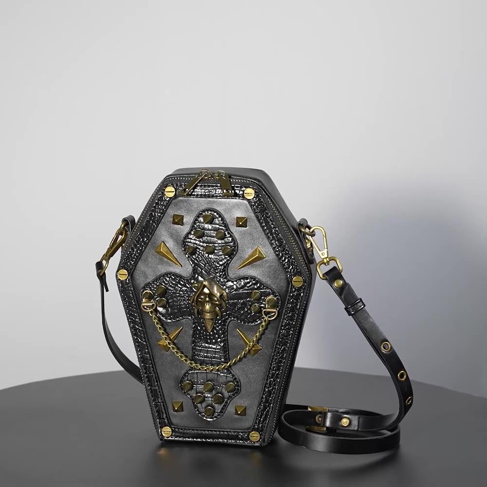 Trendy Black Girl Crossbody Coffin Bag Europunk Unisex Biker Bag Fashion Skull Head Ladies Shoulder Bag Rivet Decoration Sewing