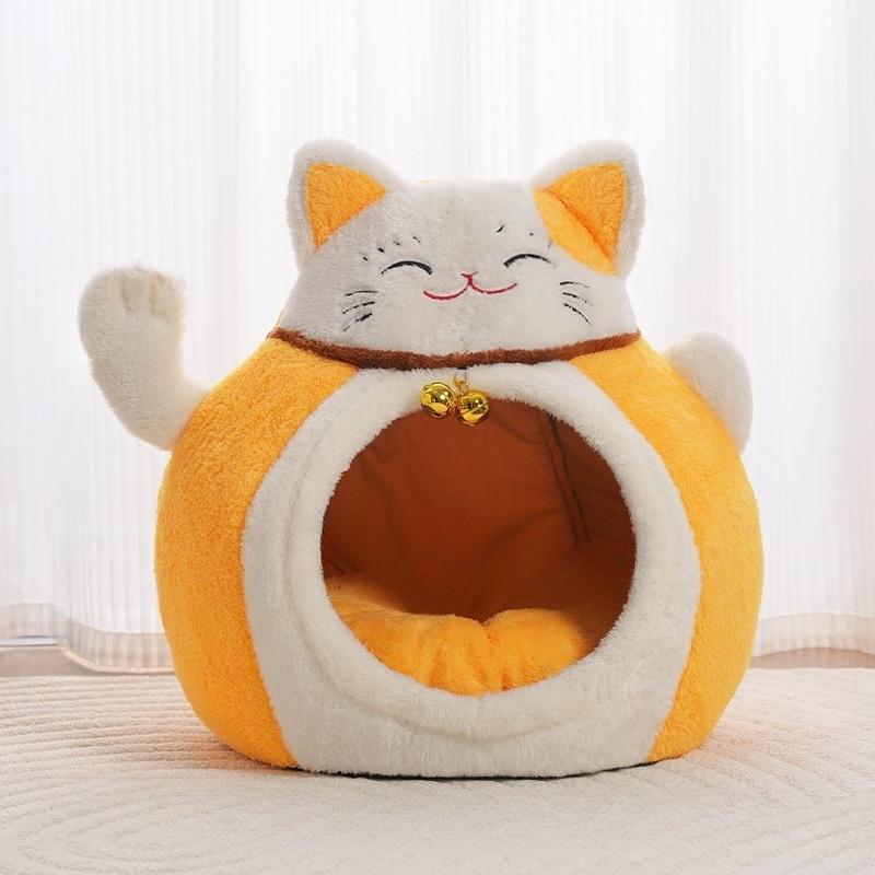 Лежанка для кошек для дома - Кот-талисман Манеки-неко, Пещера-лежанка для кошки, Супермягкая успокаивающая лежанка для питомца, Котенка и Щенка, Маленькой Собаки, Теплый Плюш, Укрытие для кошки