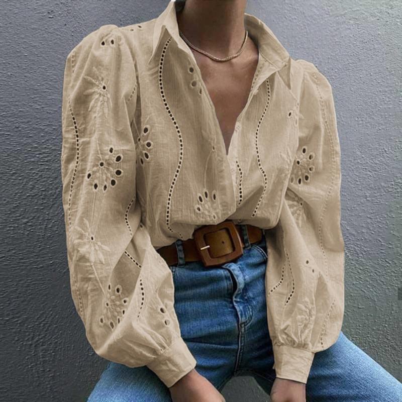 Elegant Loose Fashion Lace Women Shirt Casual Hollow Out Puff Long Sleeve Top Single-breasted Office Blouse Solid Sweet Simple Lapel Women's Clothing