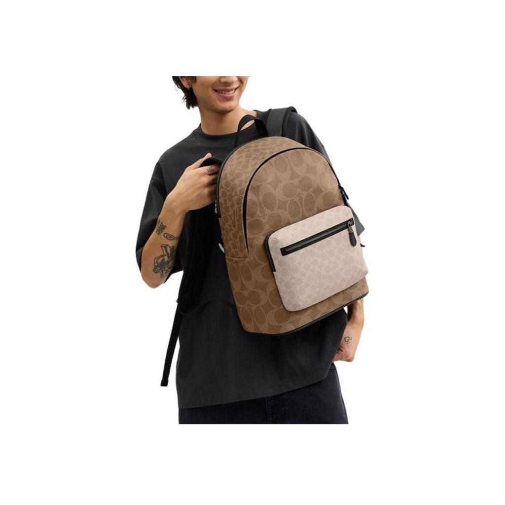 Coach Brown & Beige Signature Canvas Large Backpack with Colorblock Pocket for Daily Use