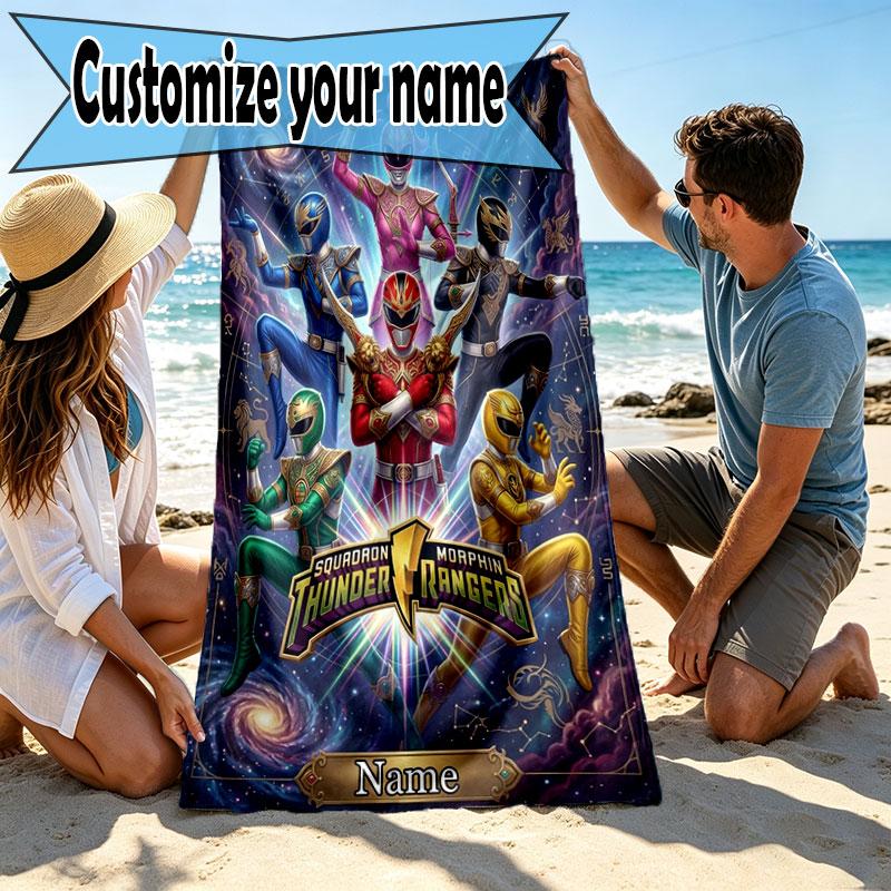 Custom Name Personalized Power Rangers Print Beach Towel, for Trip Camping Beach Party Home Decor, Birthday Gift for Family & Friends