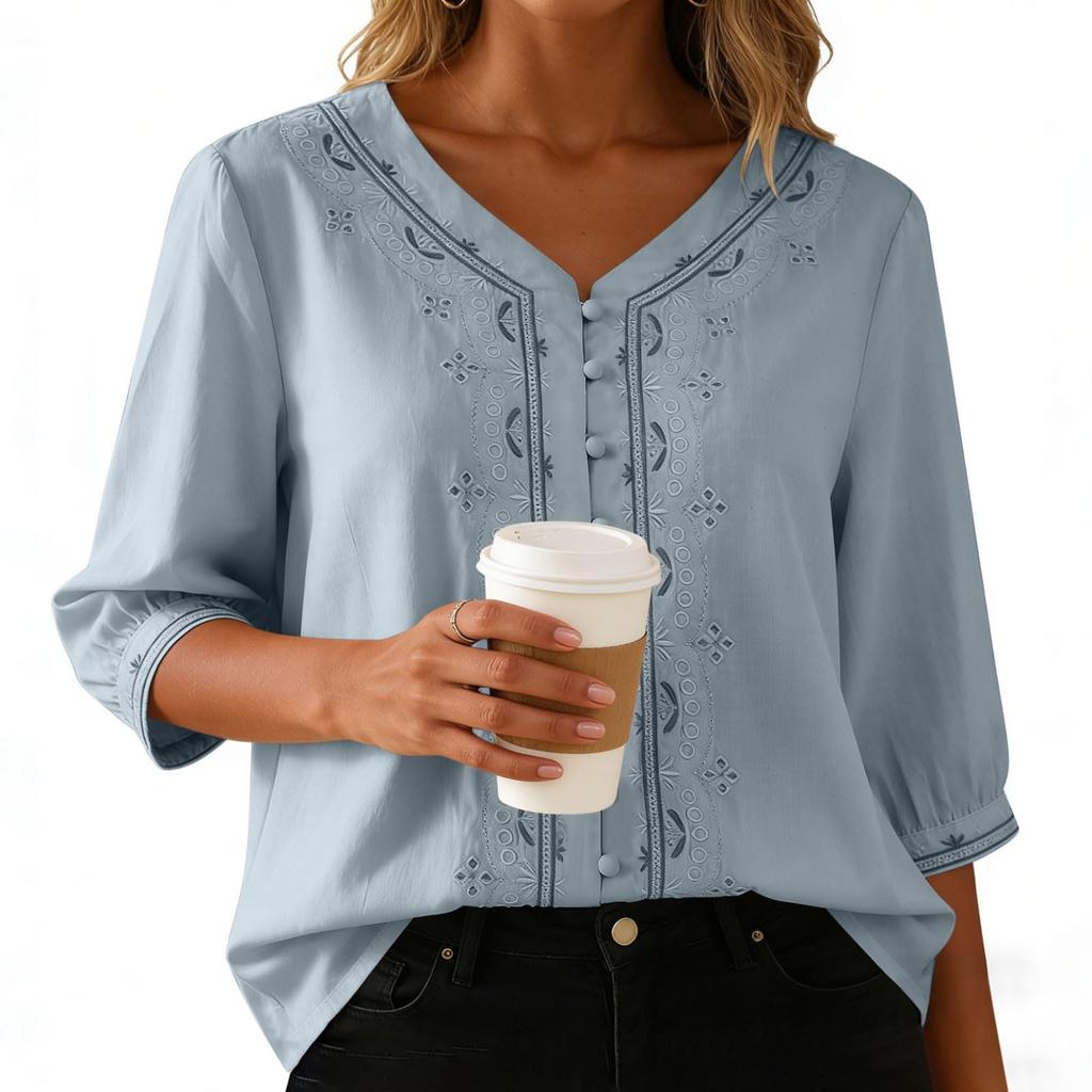 Women's Cotton Linen Tops Retro Chinese Button Top 3/4 Sleeve V Neck Shirts