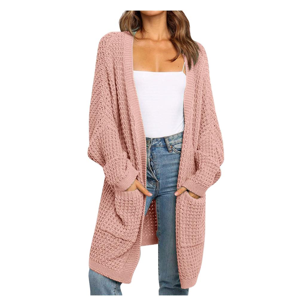 Womens Patchwork Cardigan Long Sleeve Open Front Knit Sweaters Coat Pockets