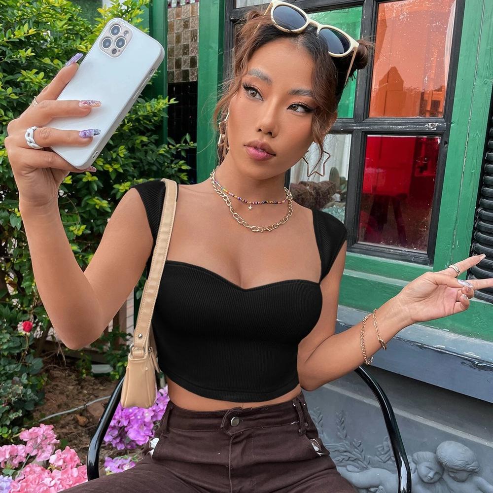 2025 Women's Slim Square Neck Ultra Short Sleeveless Cute T-Shirt Vest Top Basic T-shirts Tank Top