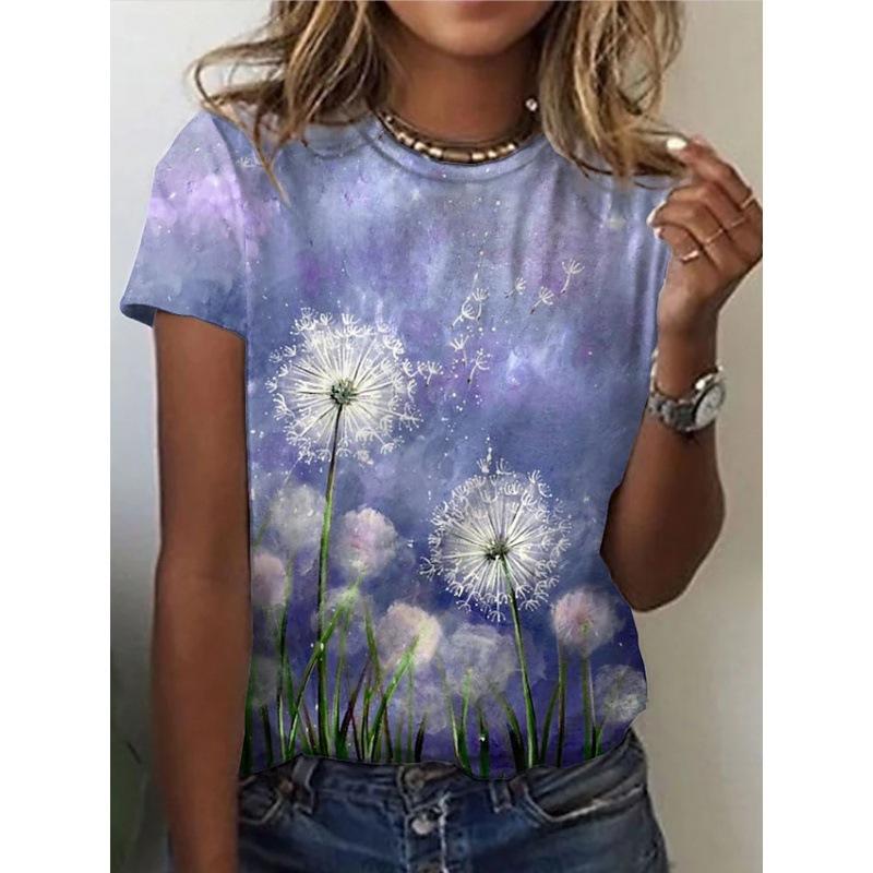 Summer Round Neck 3D Flower Print Top Fashionable Casual Short Sleeved Women's T-shirts