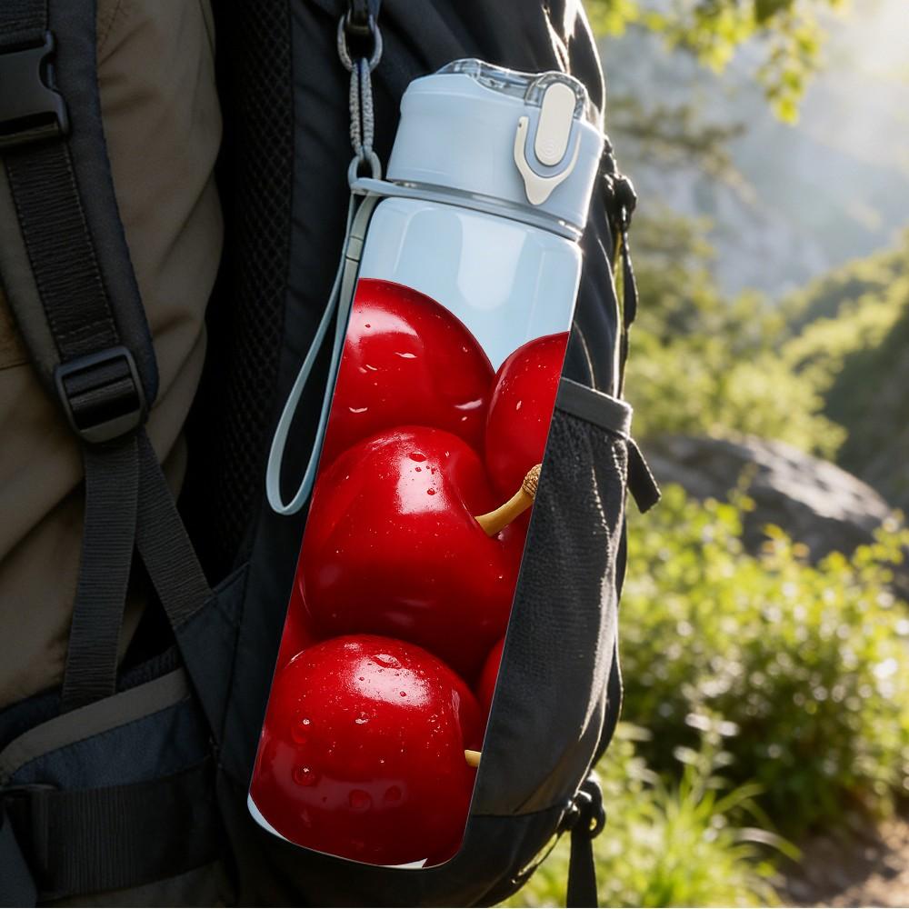 1PC Bright Red Cherry Fruit Cluster Print 750ml Color Plastic Sports Water Bottle Leakproof Flip Straw Lid Suitable for Sports Office Home Use