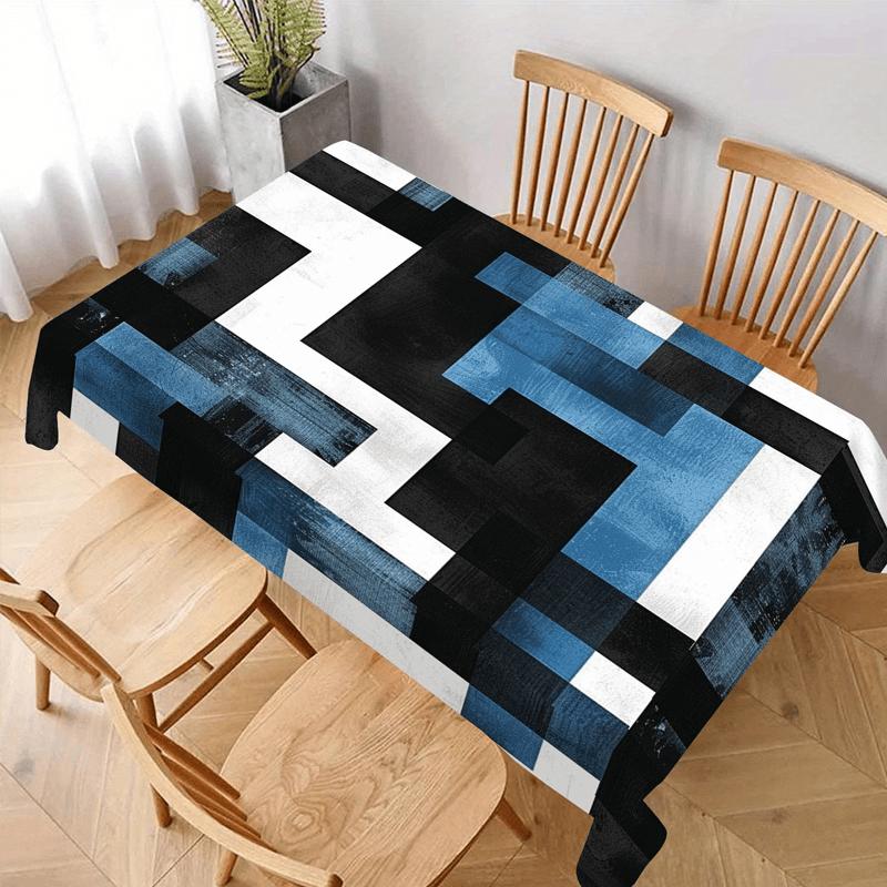 1pc 2D Flat Printing, Blue Black Geometric Tablecloth, Geometric Design Modern And Full of Style, Rectangular, Multiple Sizes Available, Very Suitable