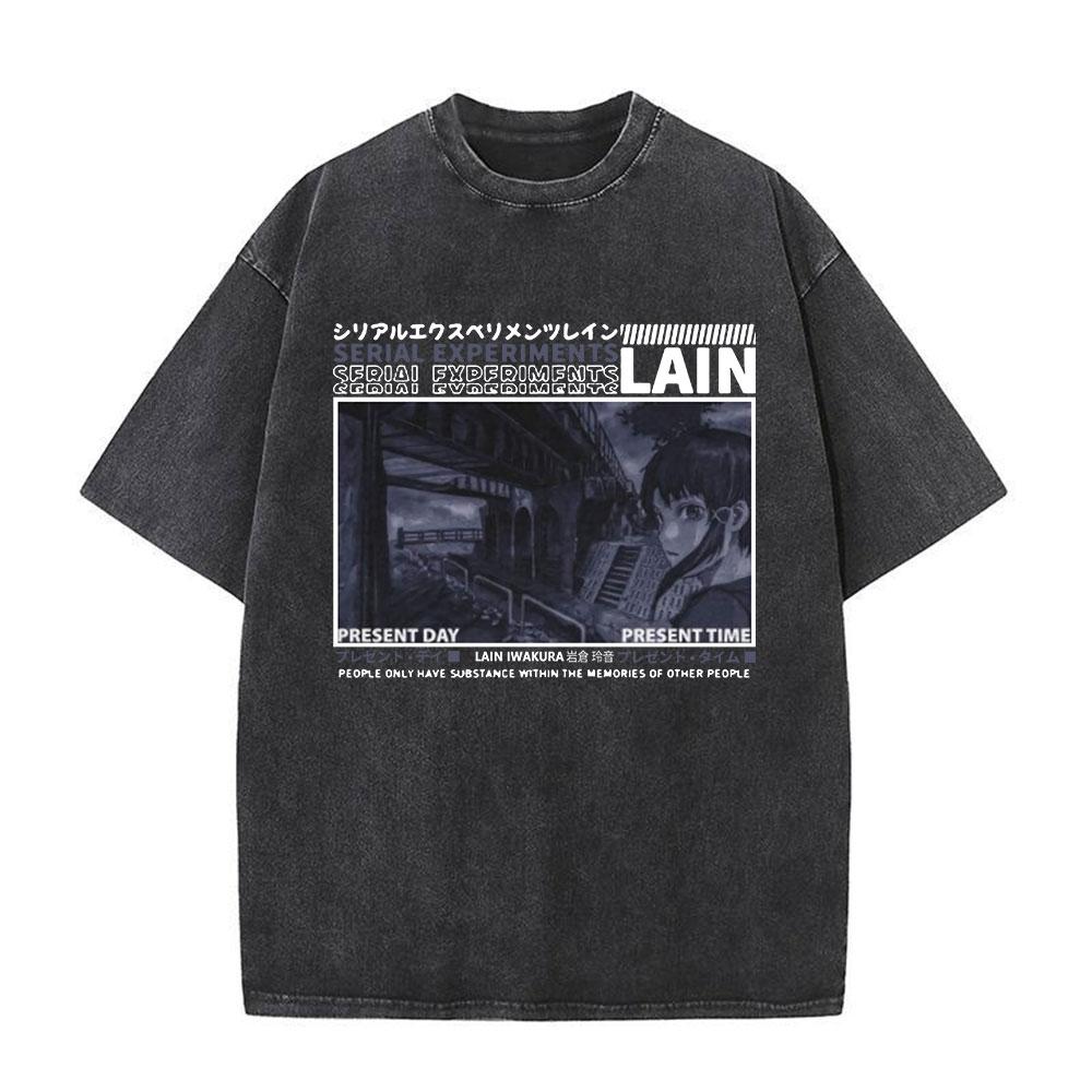 Serial Experiments Lain Anime Vintage Washed T-Shirt Manga Iwakura Girl Sci Fi Short Sleeve T-shirts 100% Cotton Casual T Shirt