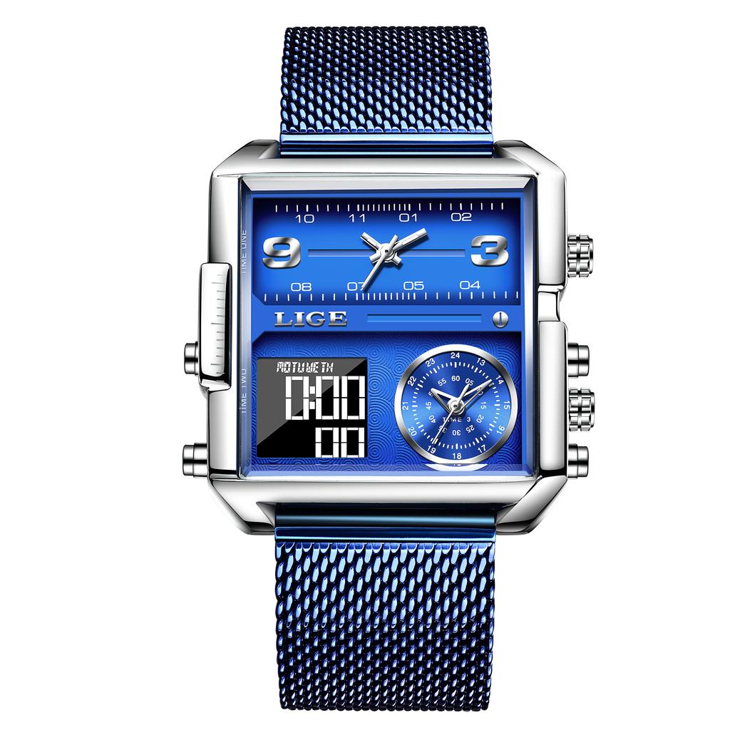 LIGE New Top Brand Luxury Fashion Men Watches Gold Steel Sports Square Digital Analog Big Quartz Watch for Man relogio masculino