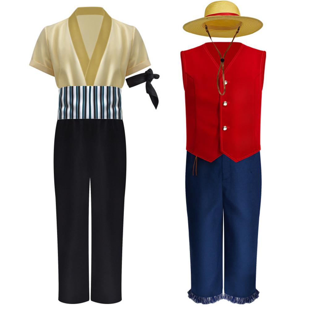 Anime Team Luffy Zoro Cosplay Costumes Sun God MonkeyD Roronoa in life Sutis For Kids Cosplay Red Suits Hat Halloween Carnival