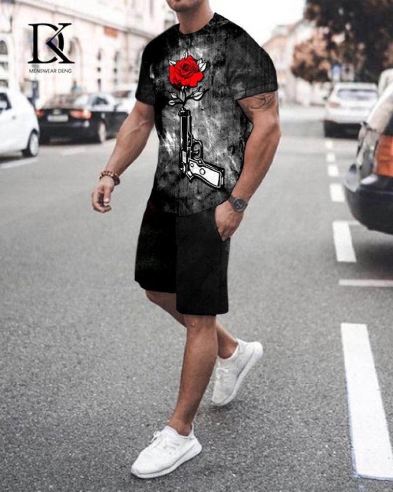 Летний мужской комплект футболок, черно-белый сетчатый 3D-принт, одежда большого размера, трендовый мужской спортивный костюм, футболка для фитнеса, шорты, комплект одежды