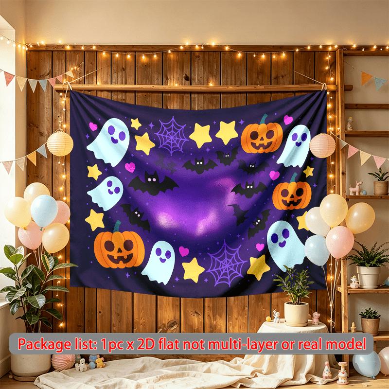 Stars Home Pumpkins Halloween Theme Banner, Purple Polyester Backdrop for Wall Hanging & Photo Booth