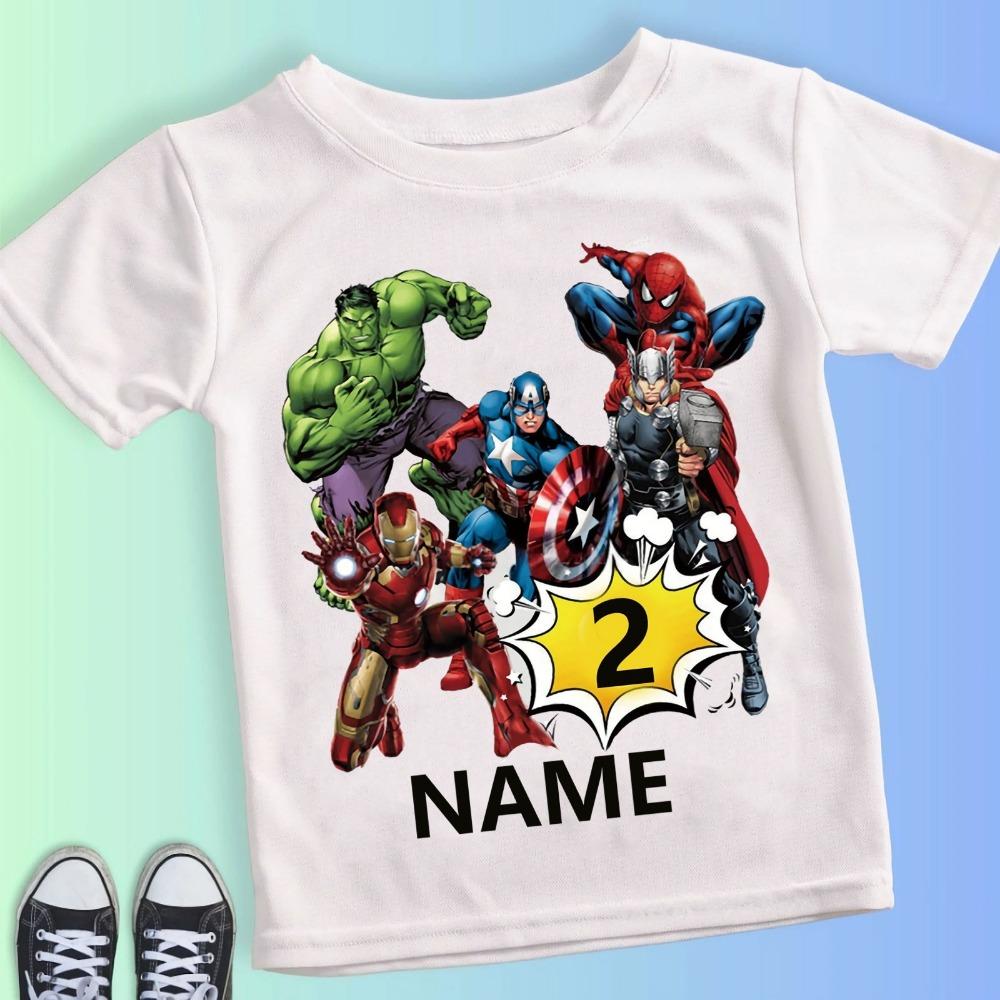 Детская футболка Marvel Мстители Персонализированная для девочки на День Рождения Летняя 2 3 4 5 6 7 8 9 Супергеройская Вечеринка на День Рождения Футболки с коротким рукавом для мальчиков