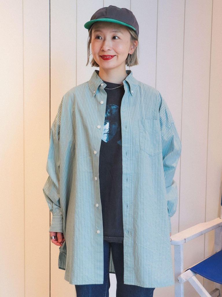 Beams Boy Dobby Stripe Free 13110453452 Women's Large/Small Button-Down Shirt, Green, Size,