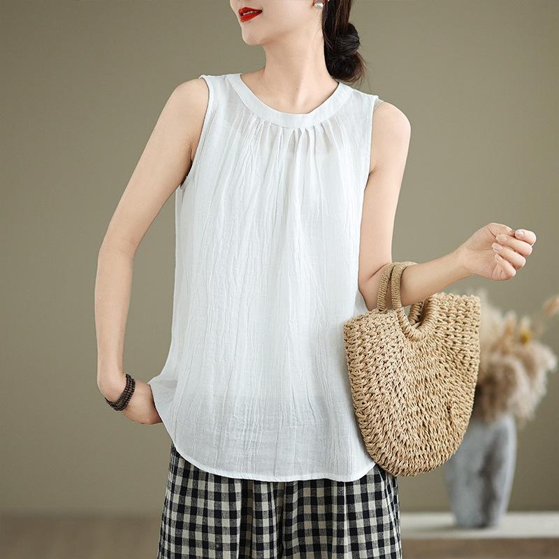 Новый летний свободный жилет из хлопка и льна с текстурой из рами в иностранном стиле, плиссированный повседневный универсальный топ без рукавов для женщин