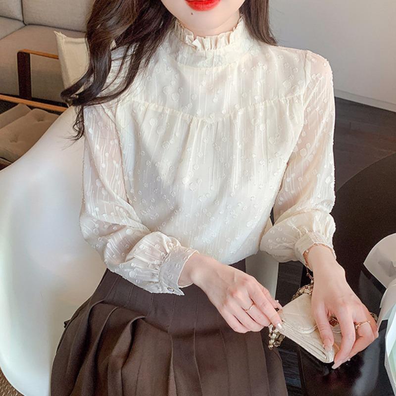 Новая модная кружевная шифоновая элегантная рубашка с длинным рукавом, женские топы, весна и осень, винтажные повседневные блузки, женская гофрированная стойка, тонкая свободная женская рубашка 26345
